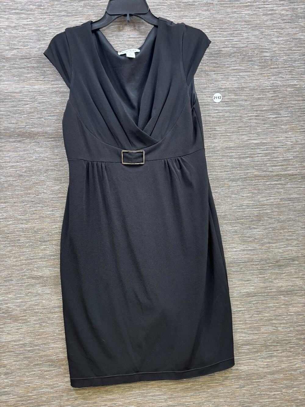 White House Black Market Buckle Sheath Dress Womens Sz 8 Black Short Cap Sleeve